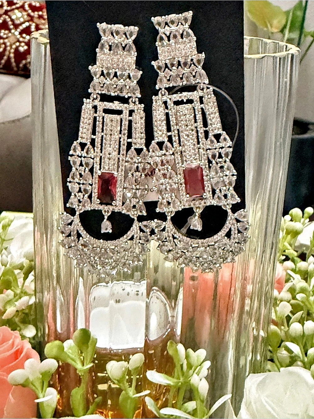 Crystal Statement Drop Earrings in Silver & Red